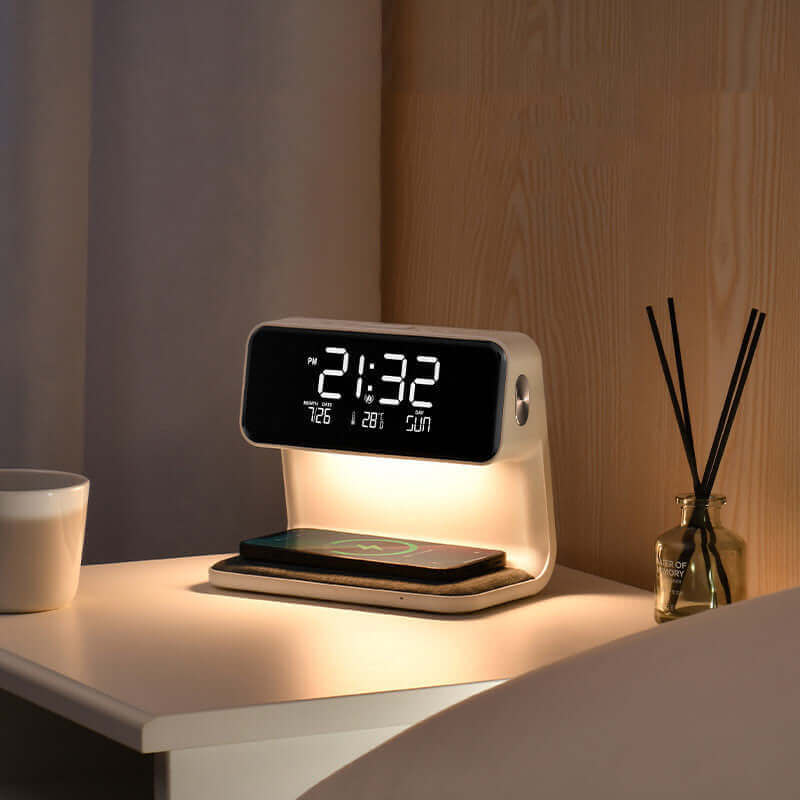 Kreative 3 In 1 Nachttafellamp Draadloos Opladen LCD-Scherm Wecker Draadloos Telefoonladestation