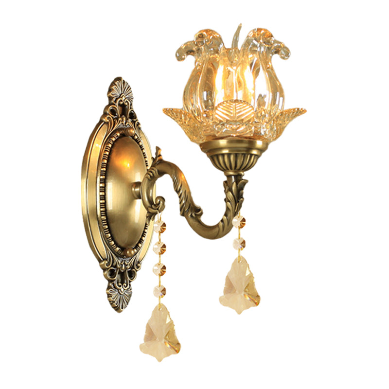 Traditionele semi-open bloemen wandlamp 1/2-licht helder glas wandmontage verlichting in messing