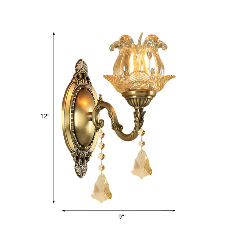 Traditionele semi-open bloemen wandlamp 1/2-licht helder glas wandmontage verlichting in messing
