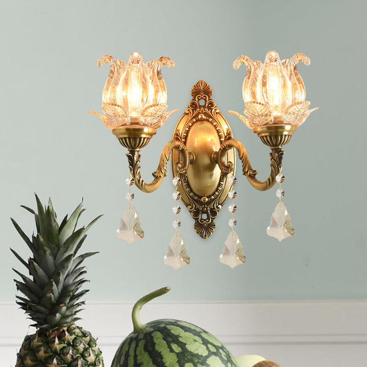 Traditionele semi-open bloemen wandlamp 1/2-licht helder glas wandmontage verlichting in messing
