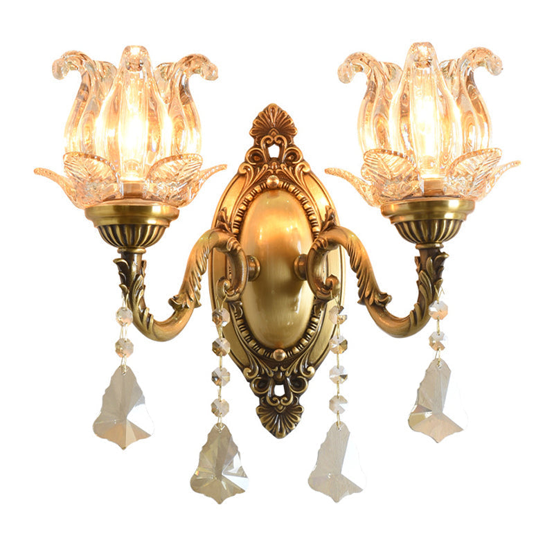 Traditionele semi-open bloemen wandlamp 1/2-licht helder glas wandmontage verlichting in messing