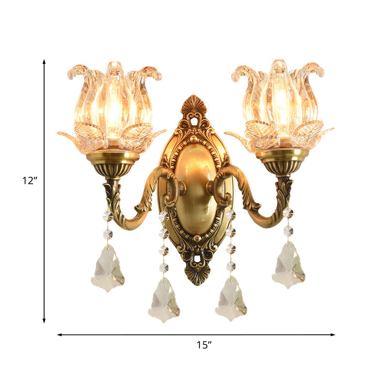 Traditionele semi-open bloemen wandlamp 1/2-licht helder glas wandmontage verlichting in messing