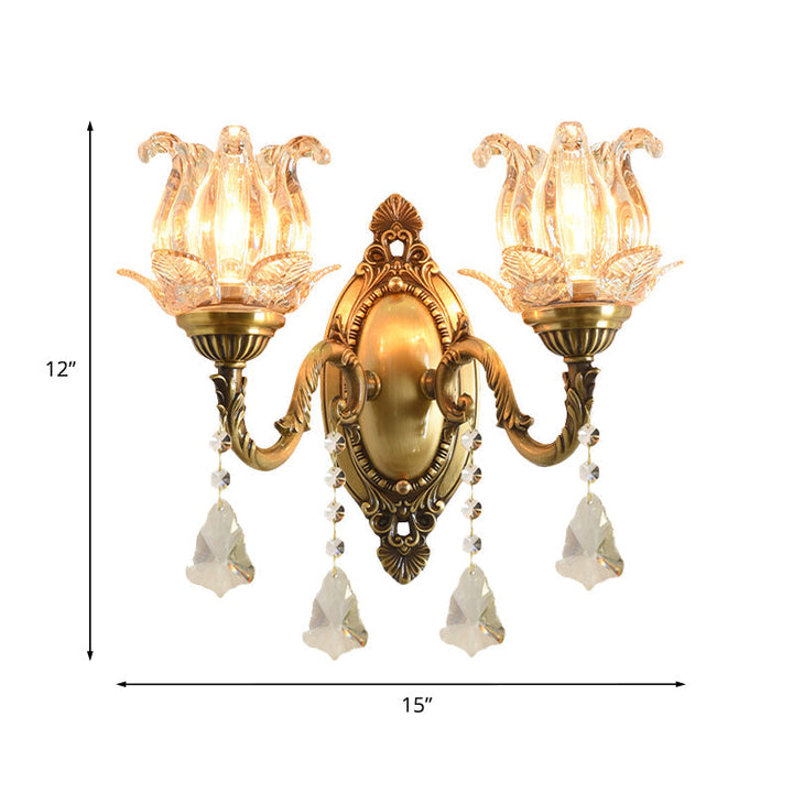 Traditionele semi-open bloemen wandlamp 1/2-licht helder glas wandmontage verlichting in messing