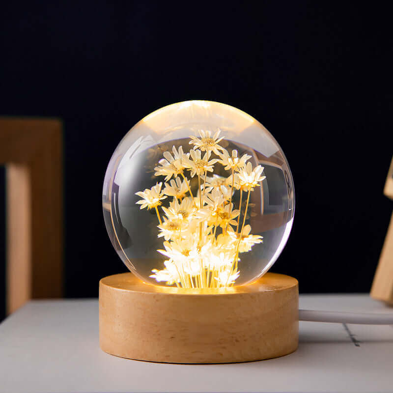 LED Nachtlamp Flower Crystal Ball Kinder Nachtkast Lamp met Houten Basis Slaapkamer Sfeerverlichting Creatief Cadeau Nachtlamp