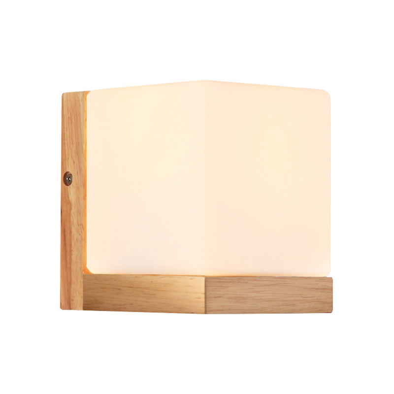 Hotel Restaurant Cube Wandlamp Opal Glas Hout 1 Licht Japanse Stijl Witte Wandlamp