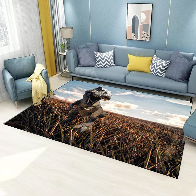 Funky Dinosaurus Patroon Vloerkleed Bruin en Blauw Nordic Vloerkleed Polyester Wasbaar Antislip Achtergrond Vloerkleed voor de Woonkamer