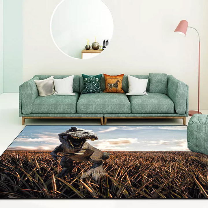 Funky Dinosaurus Patroon Vloerkleed Bruin en Blauw Nordic Vloerkleed Polyester Wasbaar Antislip Achtergrond Vloerkleed voor de Woonkamer