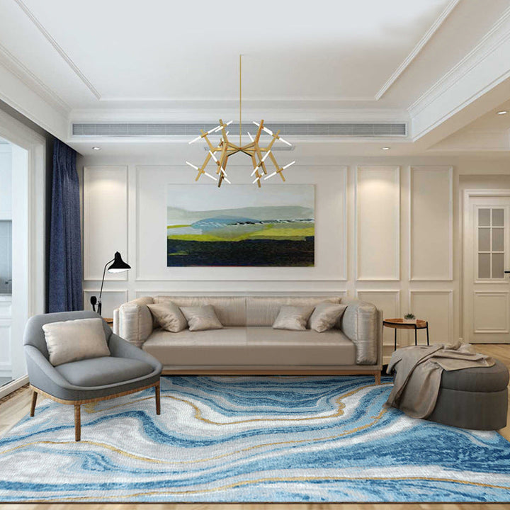 Scandinavisch modern tapijt in blauw abstract watergolfpatroon tapijt polyester wasbaar antislip tapijt voor woningdecoratie