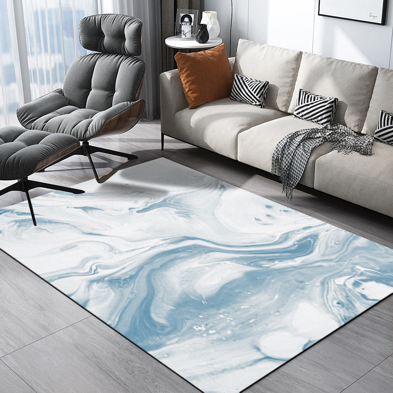 Modern tapijt voor de woonkamer in blauw en wit met abstract oceaanprint, tapijt van polyester, machinewasbaar, huisdiervriendelijk tapijt