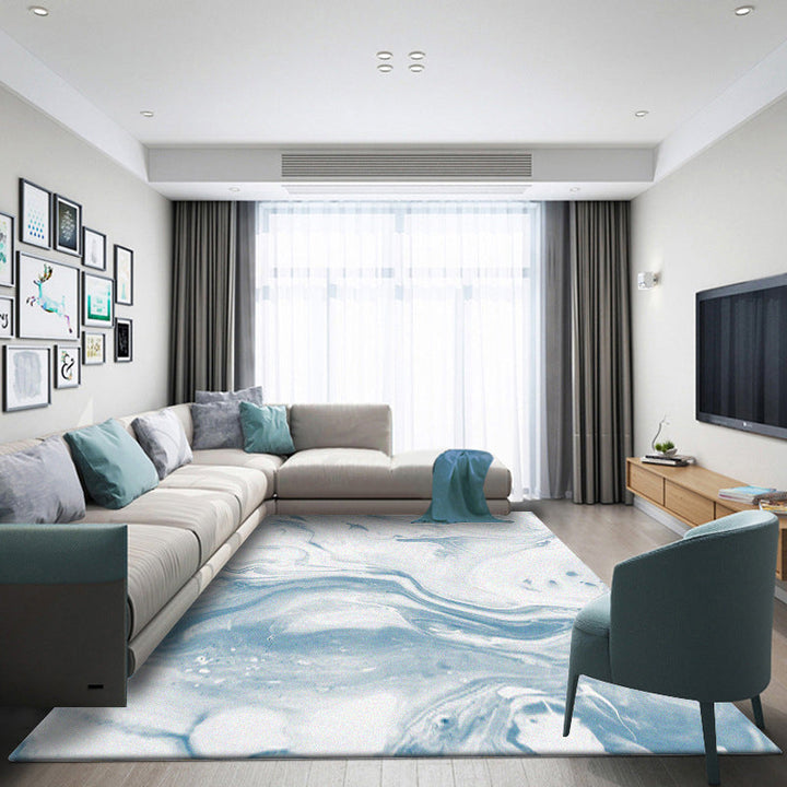 Modern tapijt voor de woonkamer in blauw en wit met abstract oceaanprint, tapijt van polyester, machinewasbaar, huisdiervriendelijk tapijt