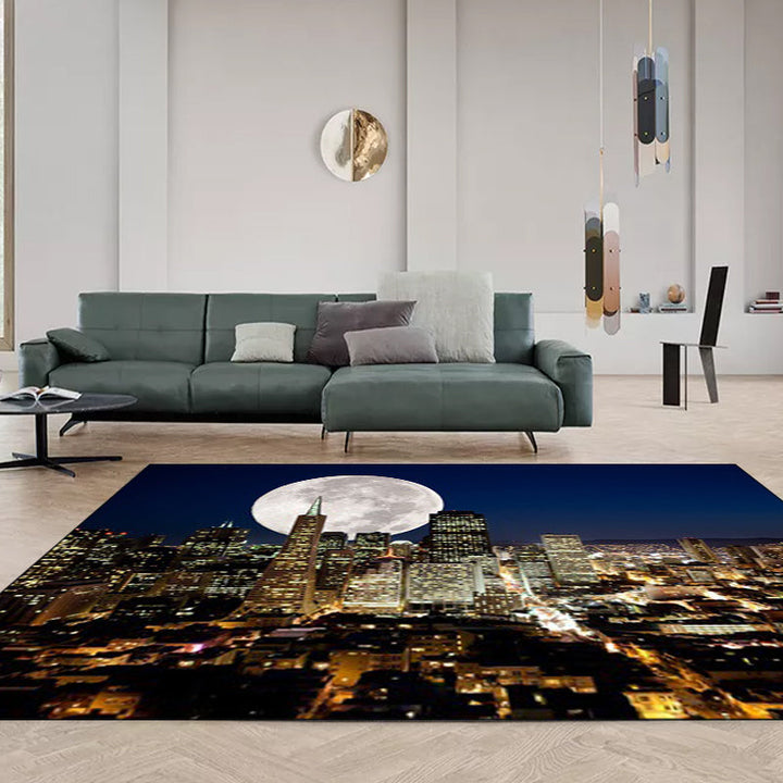 Hedendaags geografisch patroon tapijt met donkerblauwe maan polyester tapijt machinewasbaar met antislip voor de slaapkamer