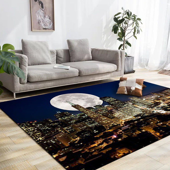 Hedendaags geografisch patroon tapijt met donkerblauwe maan polyester tapijt machinewasbaar met antislip voor de slaapkamer