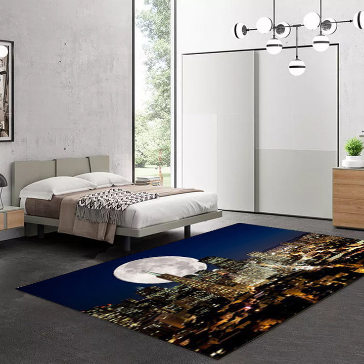 Hedendaags geografisch patroon tapijt met donkerblauwe maan polyester tapijt machinewasbaar met antislip voor de slaapkamer