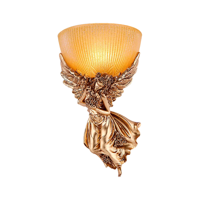 Enkele Engel-wandlamp met gloeilamp, landelijke gouden hars wandlamp met amberkleurige geribbeld glazen kap, rechts