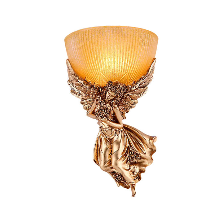 Enkele Engel-wandlamp met gloeilamp, landelijke gouden hars wandlamp met amberkleurige geribbeld glazen kap, rechts