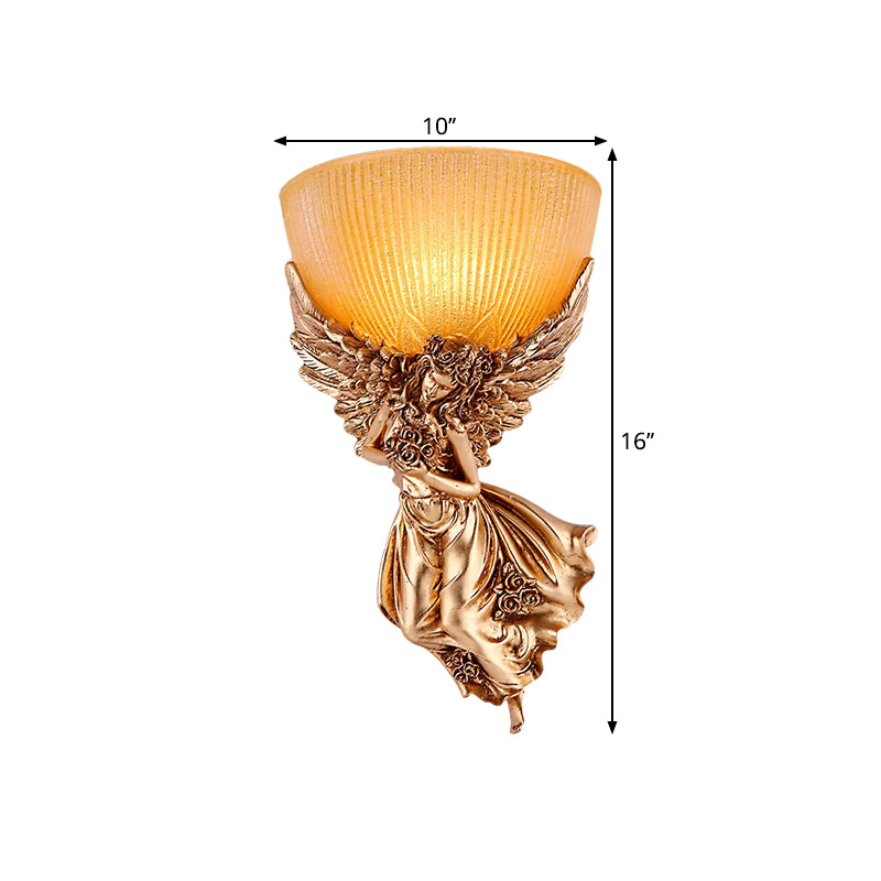 Enkele Engel-wandlamp met gloeilamp, landelijke gouden hars wandlamp met amberkleurige geribbeld glazen kap, rechts