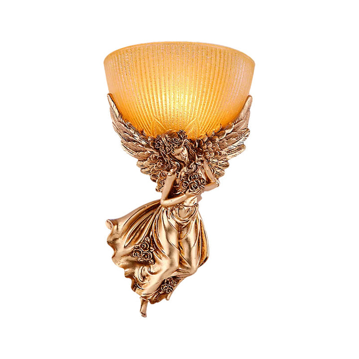 Enkele Engel-wandlamp met gloeilamp, landelijke gouden hars wandlamp met amberkleurige geribbeld glazen kap, rechts