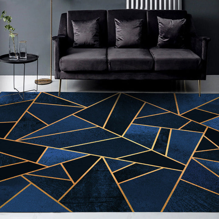 Donkerblauwe nieuwigheden tapijt polyester geometrisch patroon tapijt wasbaar antislip achterkant tapijt voor de woonkamer