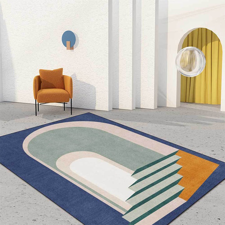 Moderner woonkamer tapijt in blauwen en groene tinten met blokkleuren en trapprint, gemaakt van polyester, machinewasbaar tapijt voor het gebied