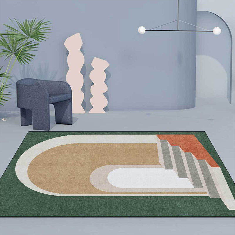 Moderner woonkamer tapijt in blauwen en groene tinten met blokkleuren en trapprint, gemaakt van polyester, machinewasbaar tapijt voor het gebied