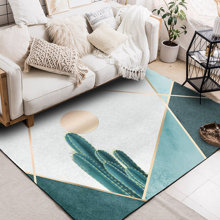 Moderner woonkamer tapijt in groen en grijs kleurblok cactus zonnenprint tapijt polyester antislip achterkant wasbaar tapijt
