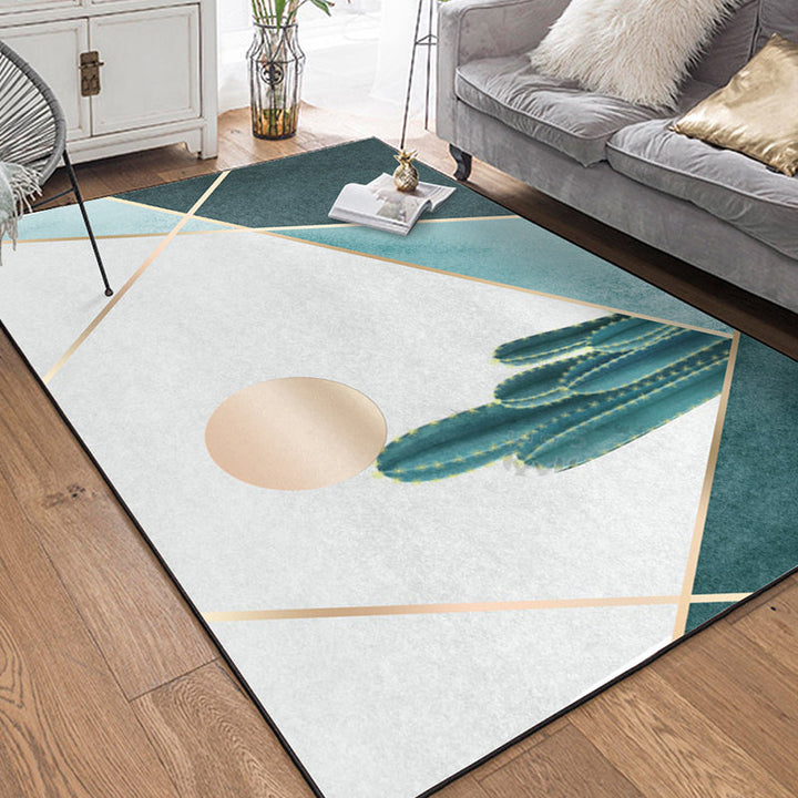 Moderner woonkamer tapijt in groen en grijs kleurblok cactus zonnenprint tapijt polyester antislip achterkant wasbaar tapijt