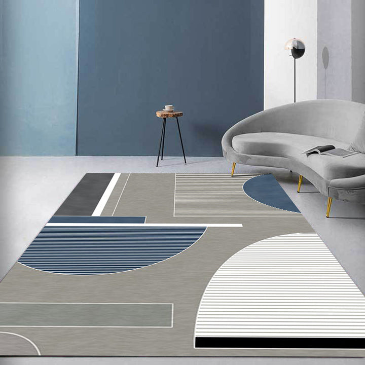 Moderner woonkamer tapijt in grijze kleurblokstrepen, onregelmatige vorm, gedrukte tapijt, polyester, antislip achterkant tapijt