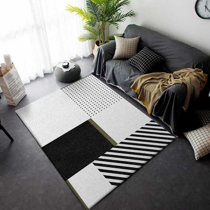 Noordse moderne tapijt in zwart en wit met geometrisch stippenpatroon gestreept tapijt van polyester wasbaar tapijt voor woninginrichting