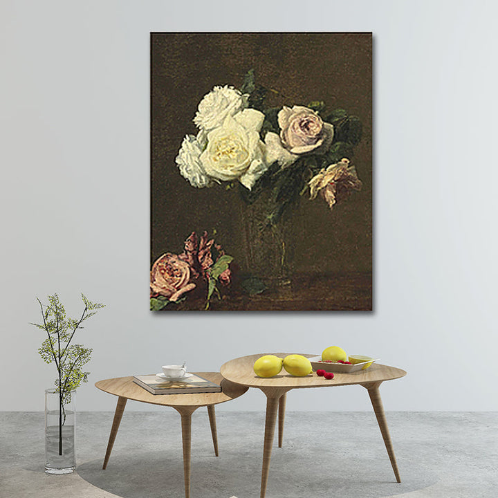 Schilderij Print Roos Vaasje Canvas Traditionele Textuur Muurkunst in Pastel Kleur