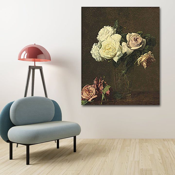 Schilderij Print Roos Vaasje Canvas Traditionele Textuur Muurkunst in Pastel Kleur