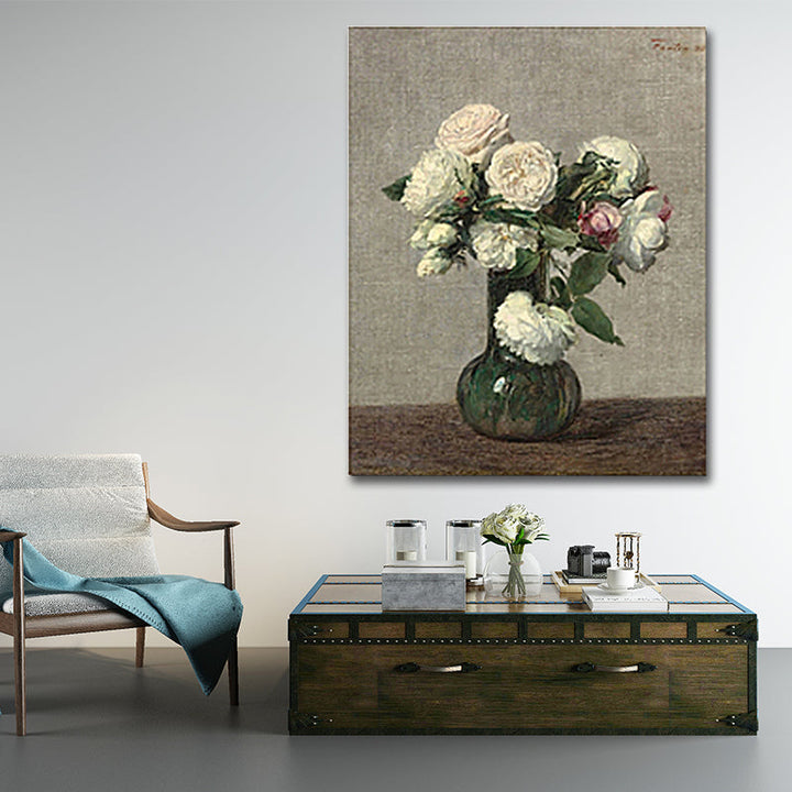 Schilderij Print Roos Vaasje Canvas Traditionele Textuur Muurkunst in Pastel Kleur