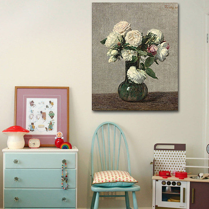 Schilderij Print Roos Vaasje Canvas Traditionele Textuur Muurkunst in Pastel Kleur