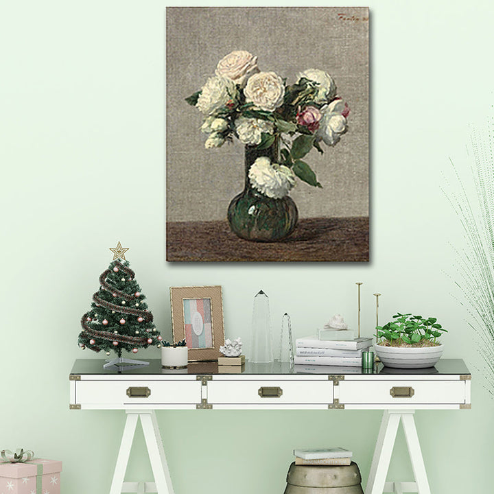 Schilderij Print Roos Vaasje Canvas Traditionele Textuur Muurkunst in Pastel Kleur