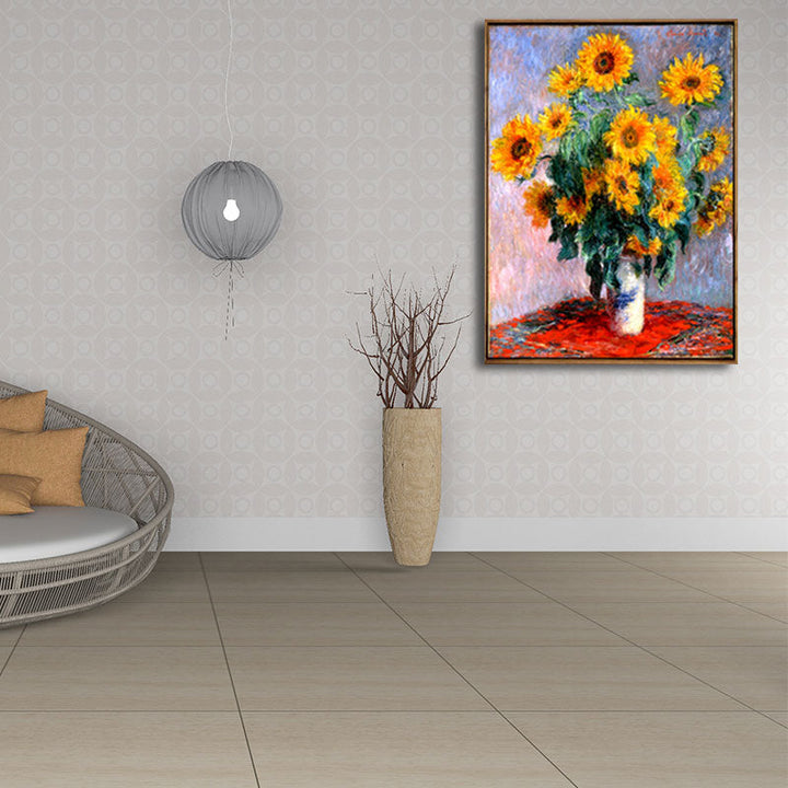 Gele Zonnebloem Vazen Verfijning Stilleven Traditionele Geweven Canvas Muurkunst voor de Slaapkamer