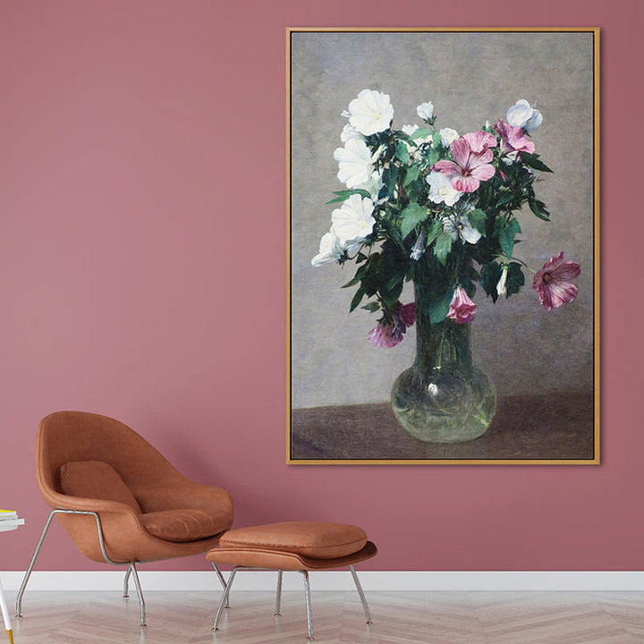 Stilleven Bloemvaas Schilderij Traditionele Doek Wandkunst Decor in Groen op Grijs