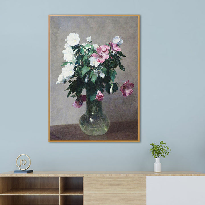 Stilleven Bloemvaas Schilderij Traditionele Doek Wandkunst Decor in Groen op Grijs