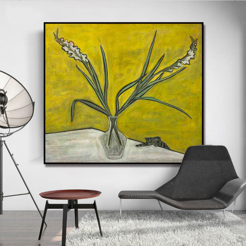 Scandinavisch Bloem en Vaasje Schilderij Gele Textuur Muurdecoratie voor Eetkamer