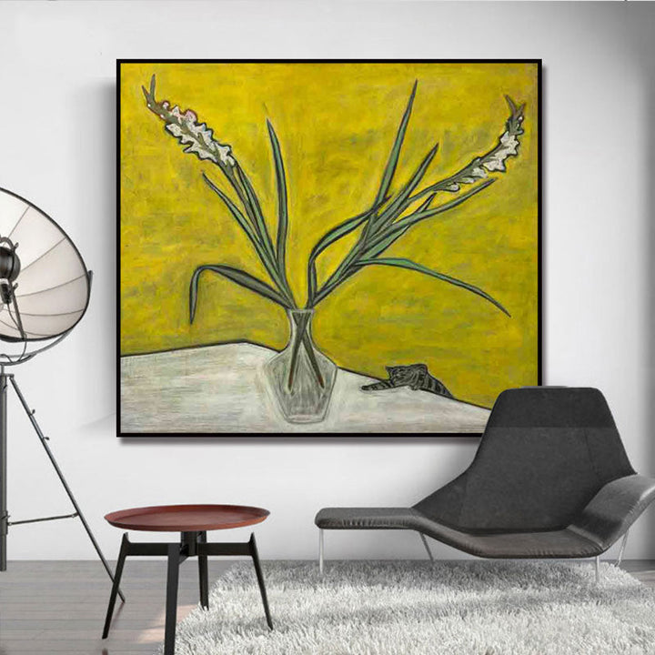 Scandinavisch Bloem en Vaasje Schilderij Gele Textuur Muurdecoratie voor Eetkamer