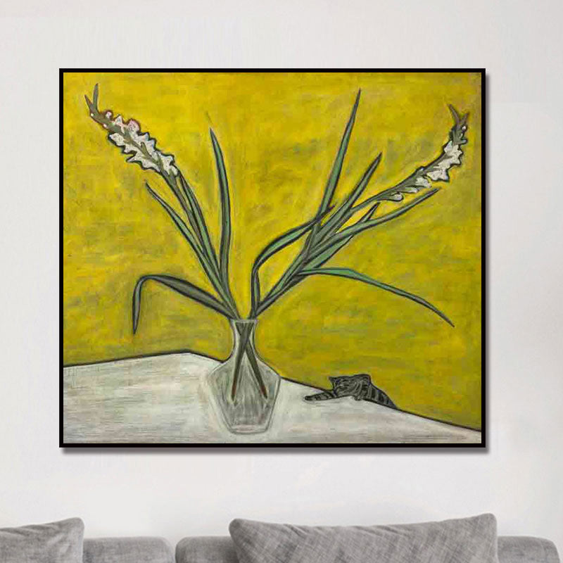 Scandinavisch Bloem en Vaasje Schilderij Gele Textuur Muurdecoratie voor Eetkamer