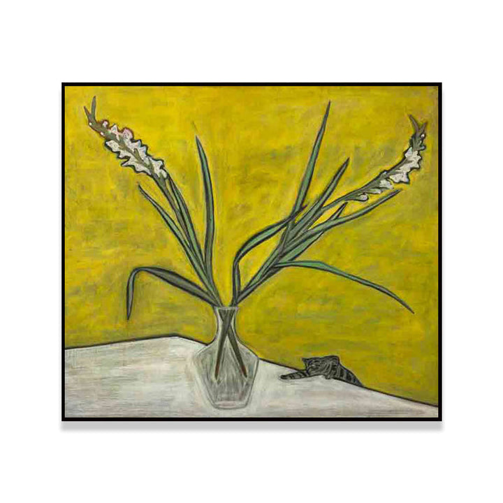 Scandinavisch Bloem en Vaasje Schilderij Gele Textuur Muurdecoratie voor Eetkamer