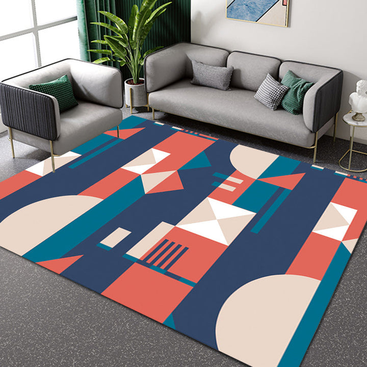Oranje en Blauwe Slaapkamer Tapijt Moderne Kleurenblokpatronen Gebied Tapijt Polyester Vlekbestendige Tapijt