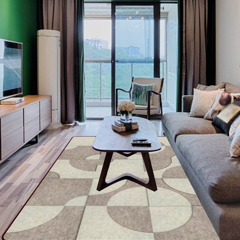Bruine slaapkamer tapijt Modern kleurblok cirkelpatroon tapijt Polyester machinewasbaar tapijt