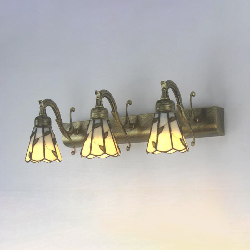 3 Köpfe Blad Spiegel Licht Rustiek Loft Buntglas Make-up Spiegel Licht met Lineaire Achterplaat in Koper/Antiek Messing/Goud