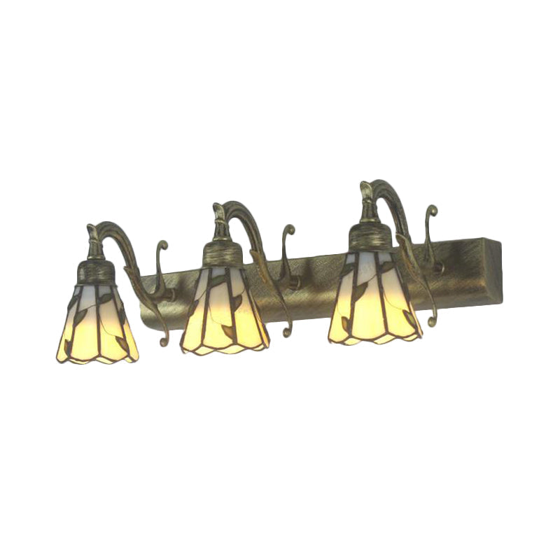 3 Köpfe Blad Spiegel Licht Rustiek Loft Buntglas Make-up Spiegel Licht met Lineaire Achterplaat in Koper/Antiek Messing/Goud