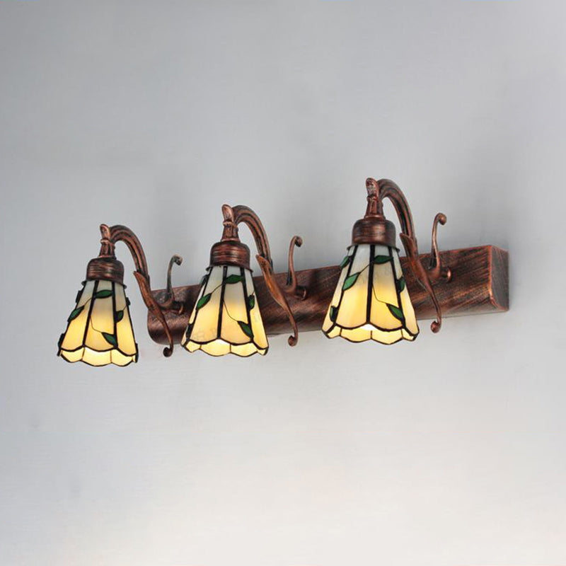 3 Köpfe Blad Spiegel Licht Rustiek Loft Buntglas Make-up Spiegel Licht met Lineaire Achterplaat in Koper/Antiek Messing/Goud