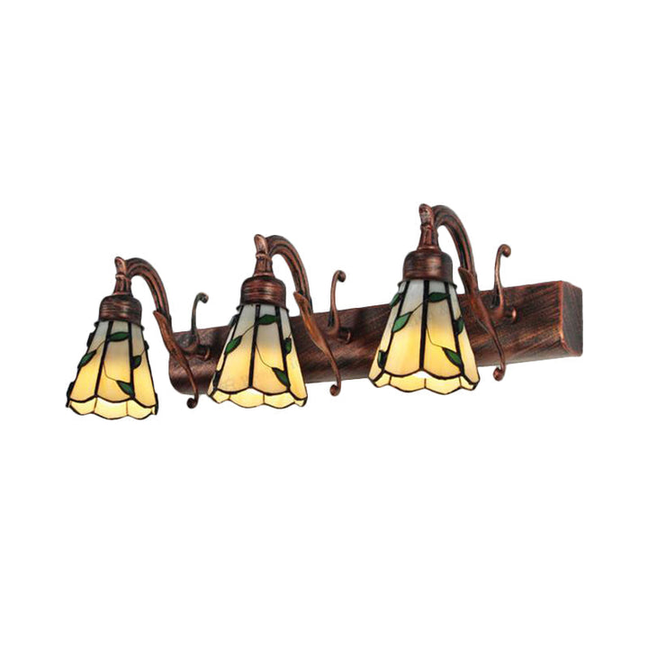 3 Köpfe Blad Spiegel Licht Rustiek Loft Buntglas Make-up Spiegel Licht met Lineaire Achterplaat in Koper/Antiek Messing/Goud