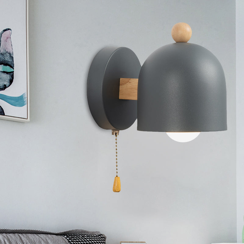 Nordic Kleine Koepel Trekkoord Wandlamp Ijzer 1 Lamp Slaapkamer Wandmontage Verlichting in Grijs met Houten Detail