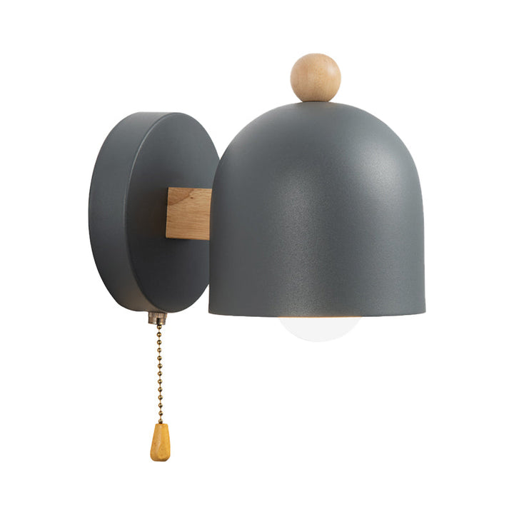 Nordic Kleine Koepel Trekkoord Wandlamp Ijzer 1 Lamp Slaapkamer Wandmontage Verlichting in Grijs met Houten Detail