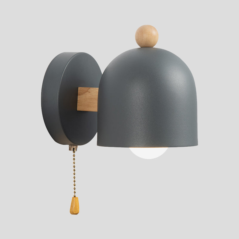 Nordic Kleine Koepel Trekkoord Wandlamp Ijzer 1 Lamp Slaapkamer Wandmontage Verlichting in Grijs met Houten Detail