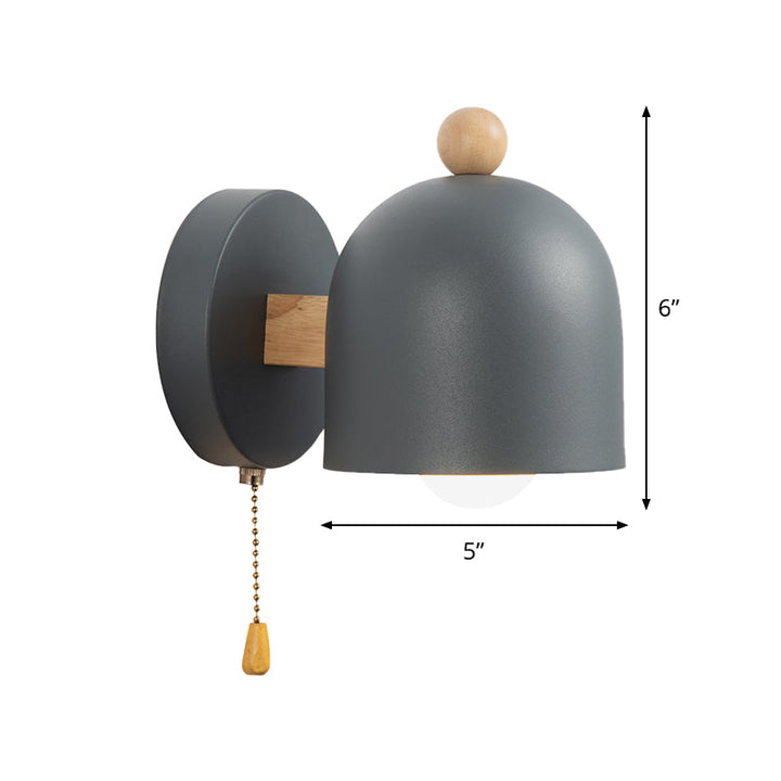 Nordic Kleine Koepel Trekkoord Wandlamp Ijzer 1 Lamp Slaapkamer Wandmontage Verlichting in Grijs met Houten Detail